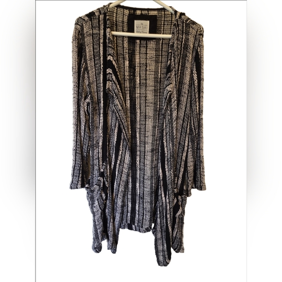 the masai Sweaters - The Masai Long Black & White Striped Openfront Cardigan Sweater W/Pockets Size L